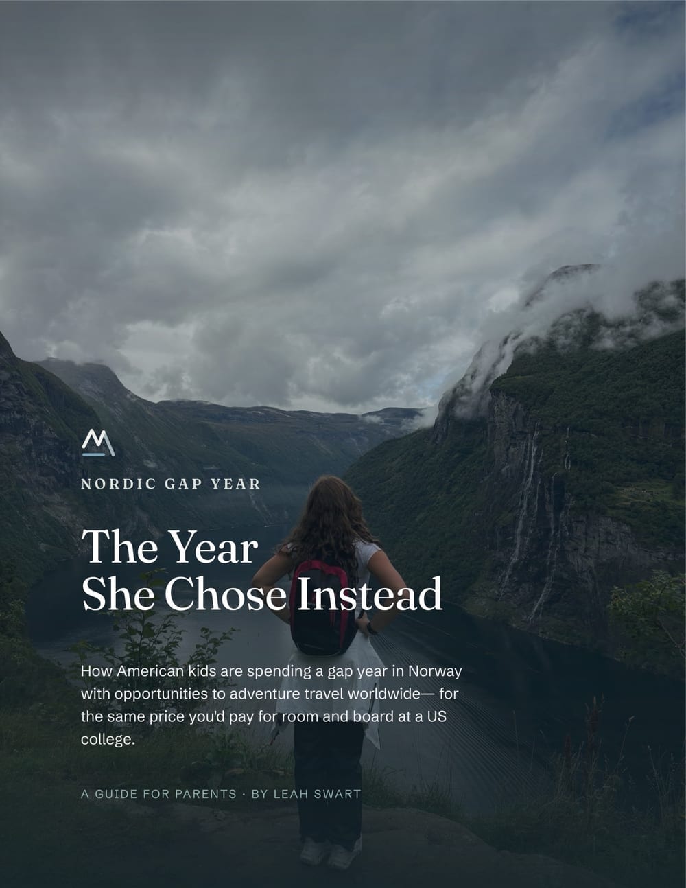 The cover of The Year She Chose Instead — a student looking out over a Norwegian fjord
