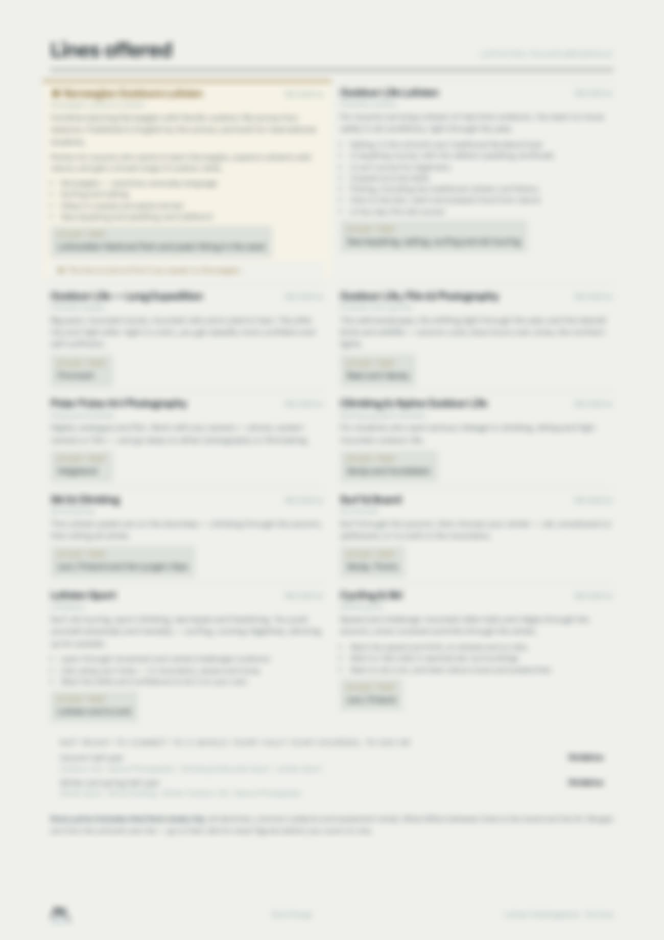A blurred lines page from the Field Guide, showing two columns of subject lines, each with a price and a study trip, and half-year courses listed at the foot