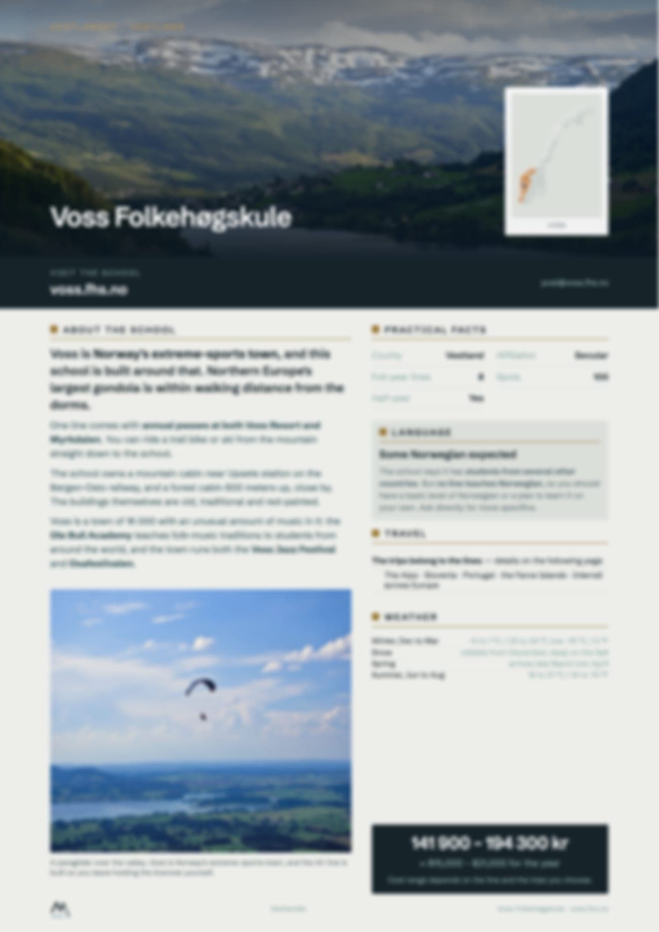 A blurred school page from the Field Guide, showing its layout: a photograph and locator map at the top, the school write-up down the left, and panels for practical facts, language, travel and weather down the right, with a dark cost box at the bottom