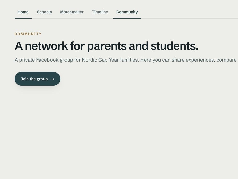 The members' area Community tab: the door to the private Nordic Gap Year Facebook group