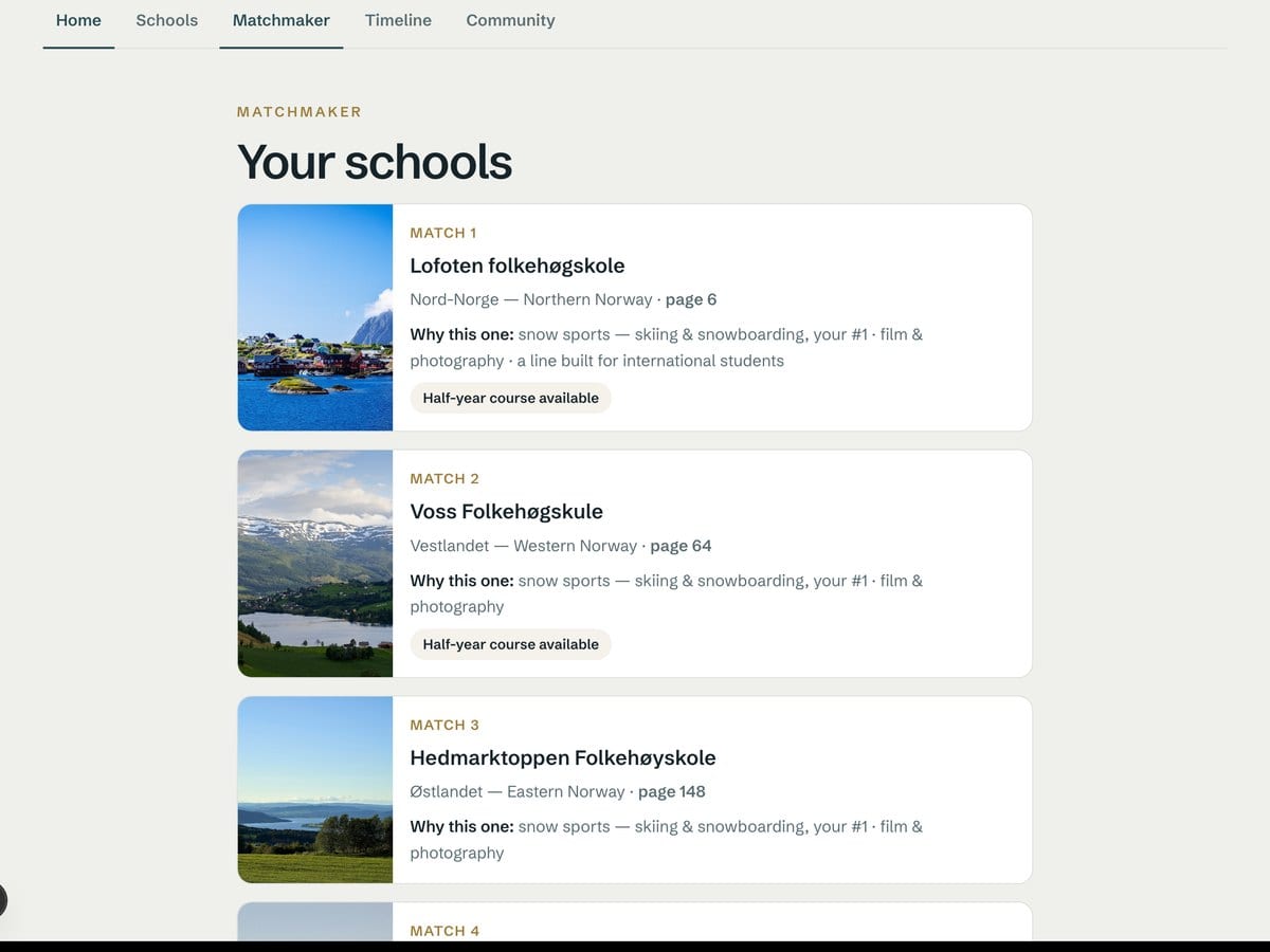 The members' area Matchmaker results: a ranked shortlist of schools with the reasons each one matched