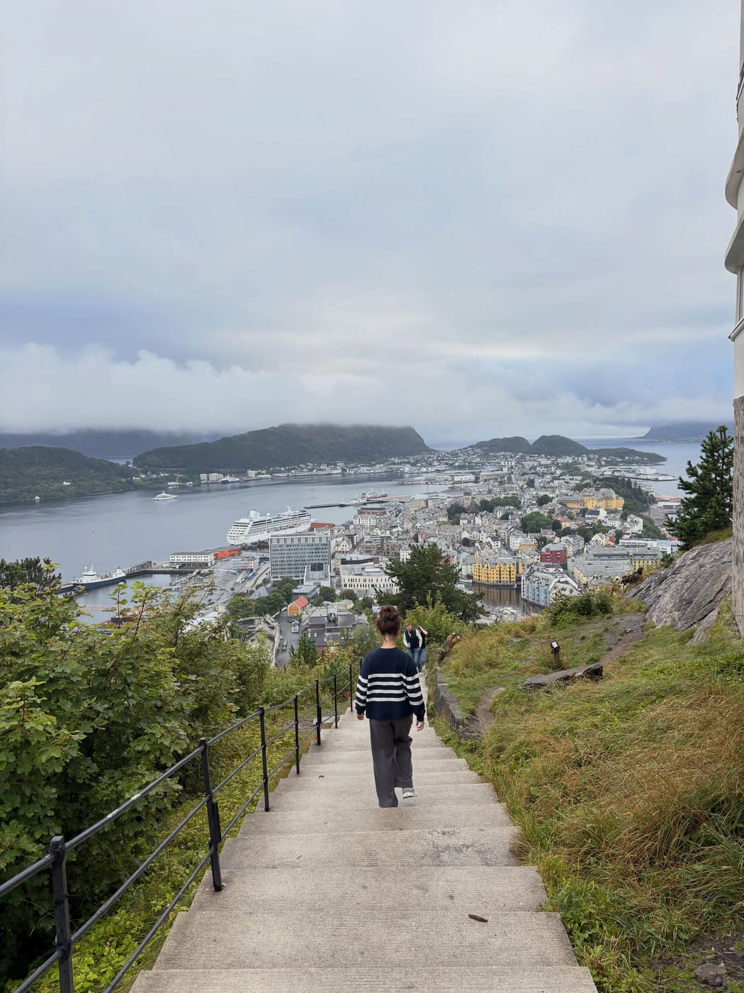 Alesund seen from the hillside steps, its harbour and rooftops below