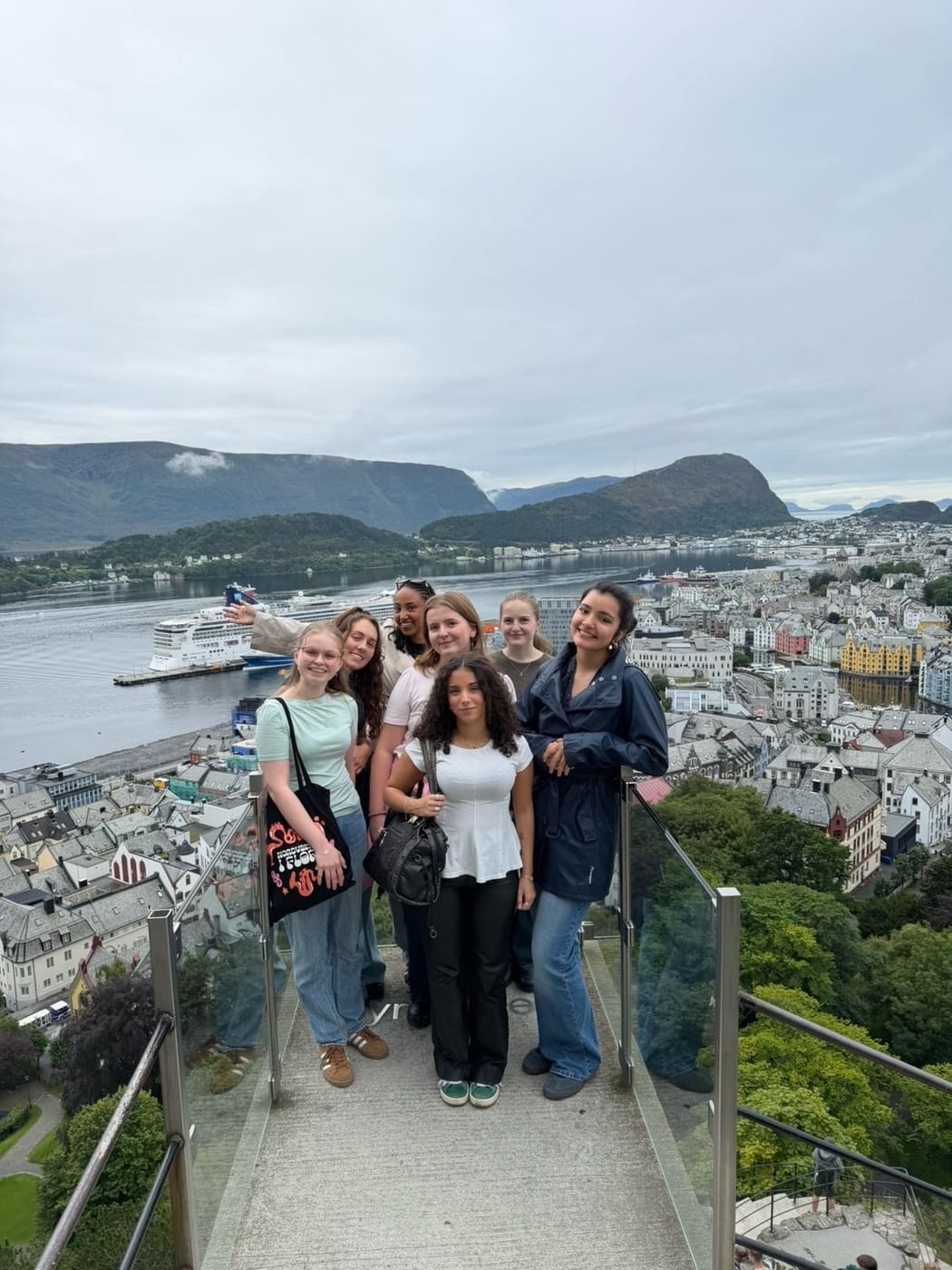 Seven students posing together at a viewpoint above the harbour and rooftops of Ålesund
