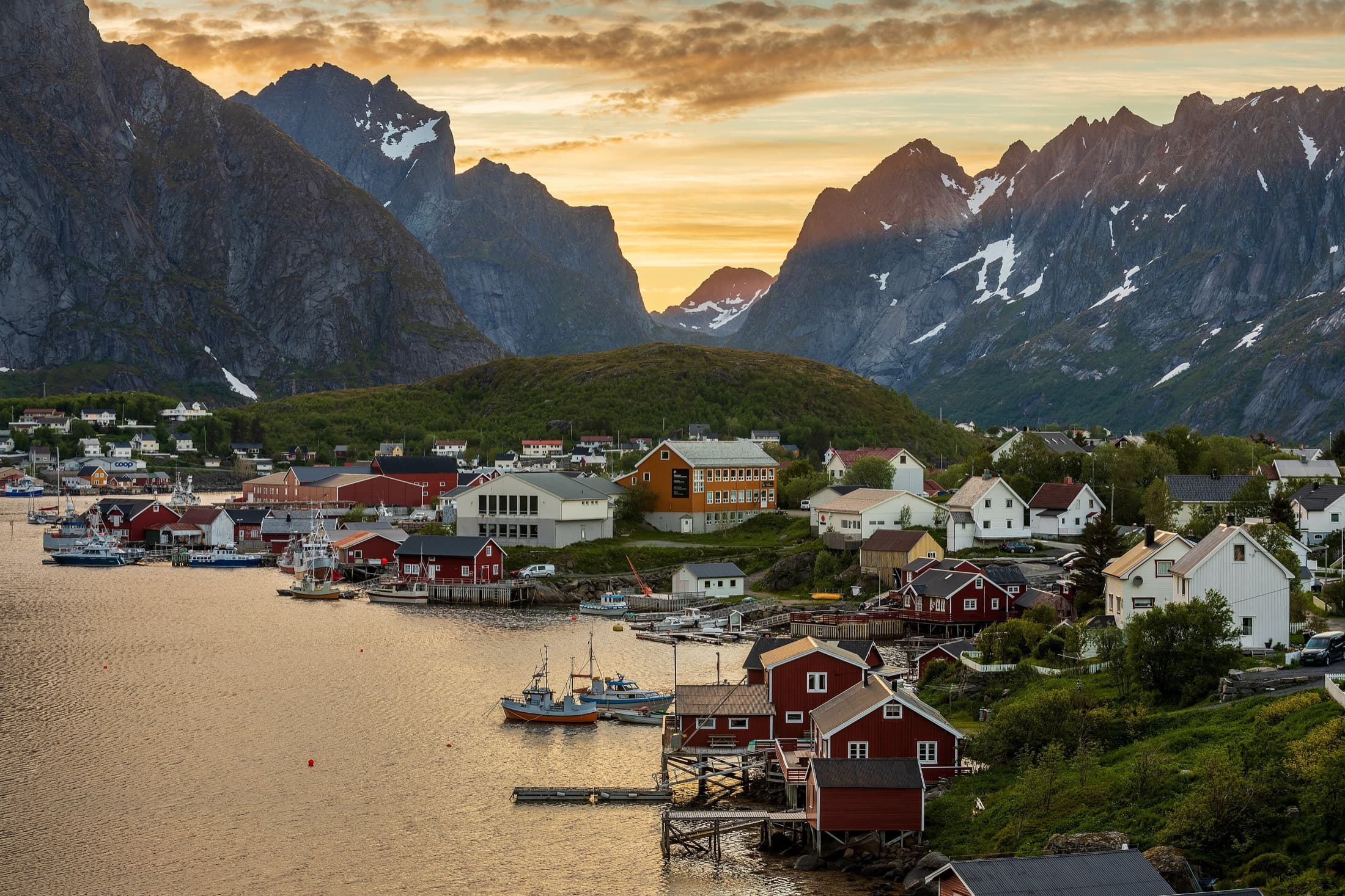 Fishing houses at Reine in Lofoten at golden hour